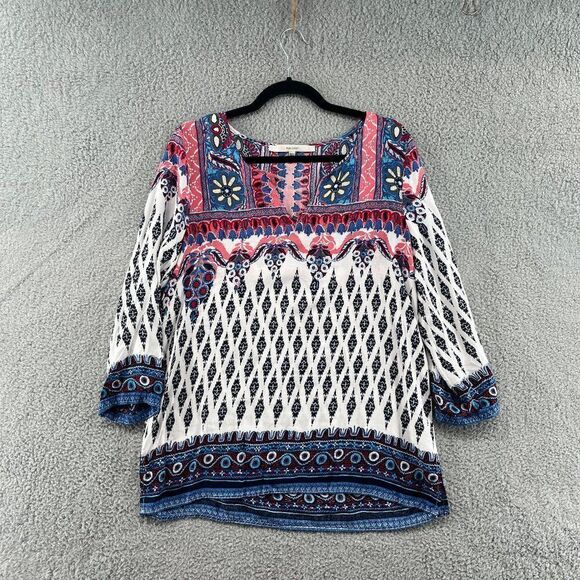 STITCHFIX FUN2FUN Ohio Split Neck Blouse Top Size Large Boho Aztec Printed - Picture 1 of 12